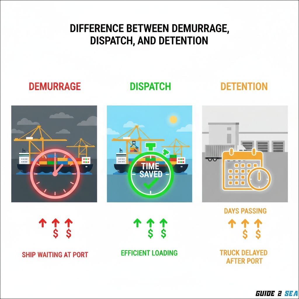 Demurrage, Despatch, and Detention- three time-based costs in maritime trade.