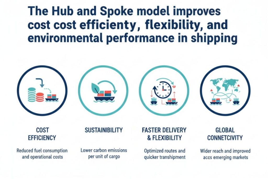 Benefits of using the hub and spoke model: cost efficiency, sustainability, faster delivery, global connectivity