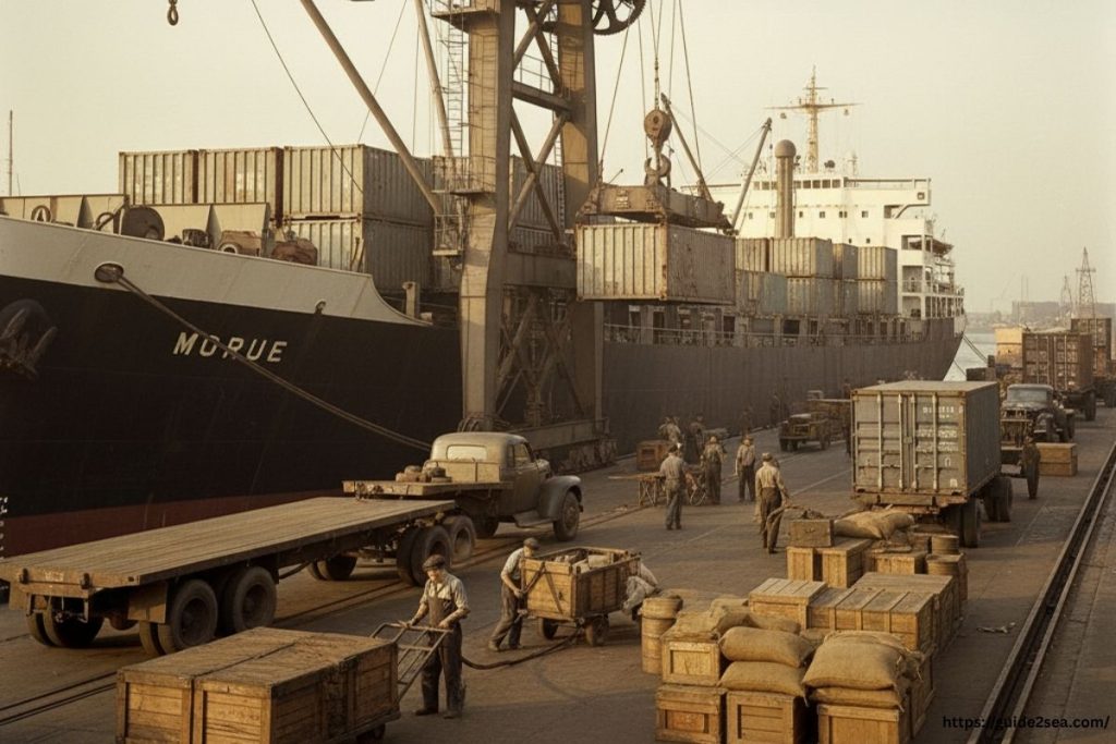 Cargo handling before containerization: workers manually loading and unloading goods at the port.