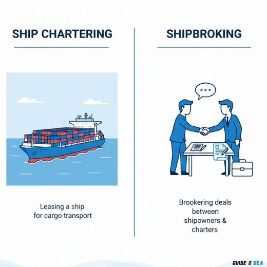 Split image showing difference between ship chartering and shipbroking in maritime business