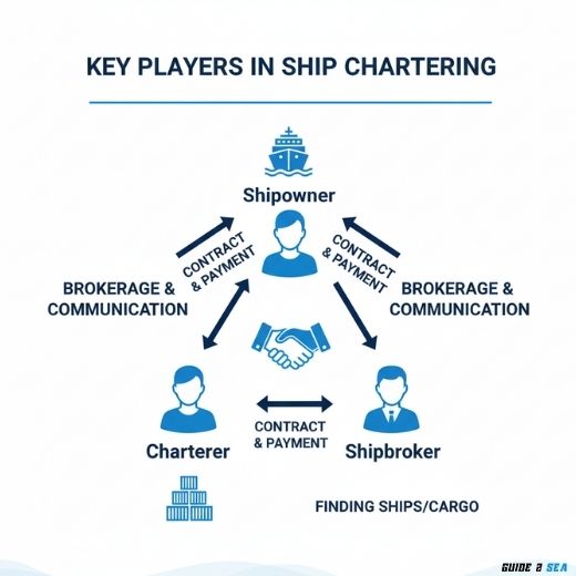 Diagram of shipowner, charterer, and shipbroker showing their roles in chartering