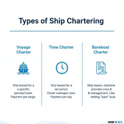 Infographic showing voyage, time, and bareboat charter types in ship chartering.