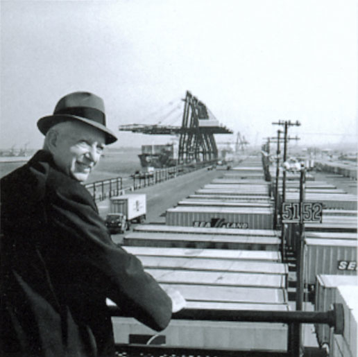 Malcolm McLean at Port Newark in 1957: the visionary who introduced containerization and transformed global trade."