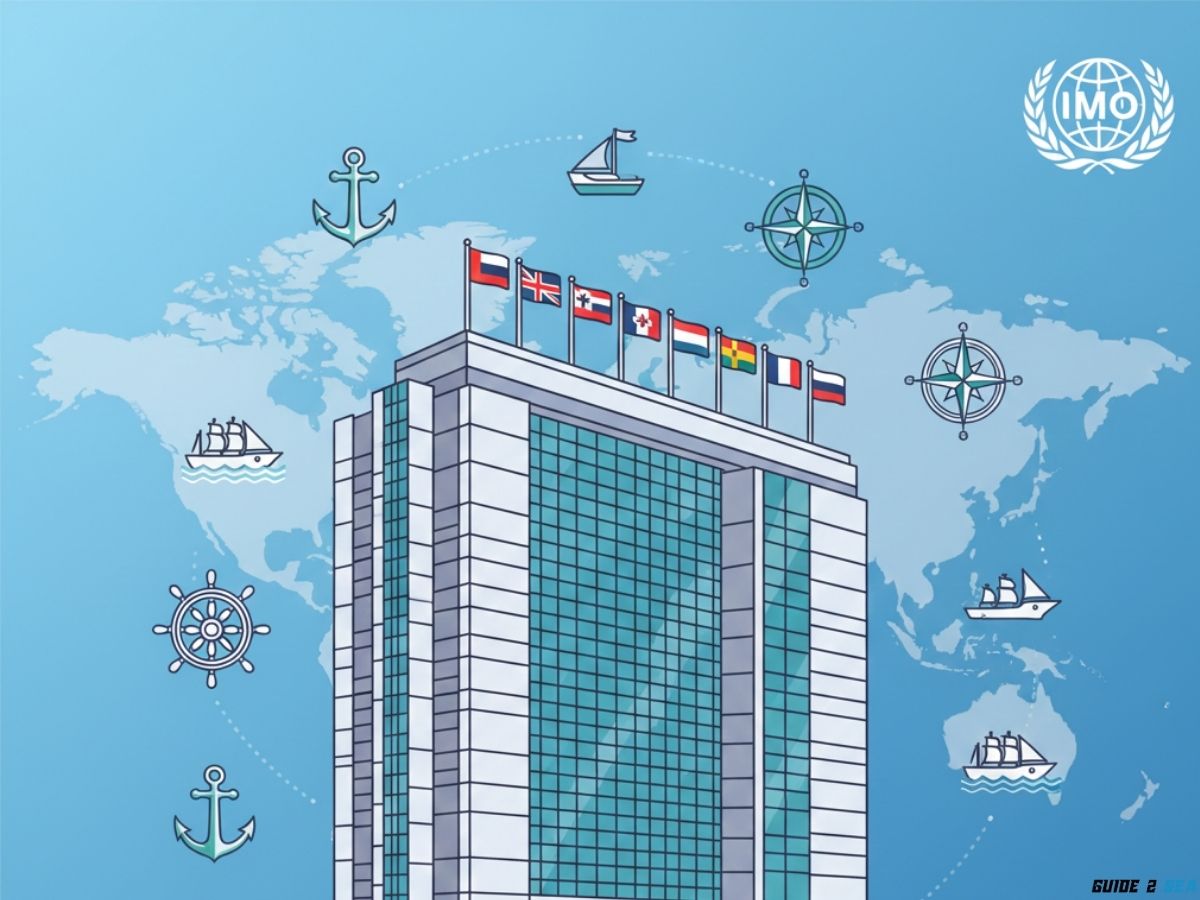 International Maritime Organization headquarters in London with maritime symbols, ships, anchors, and global flags