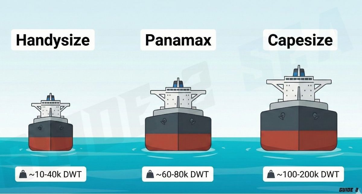 simplified infographic focuses on the three main bulk carrier types—Handysize, Panamax, and Capesize