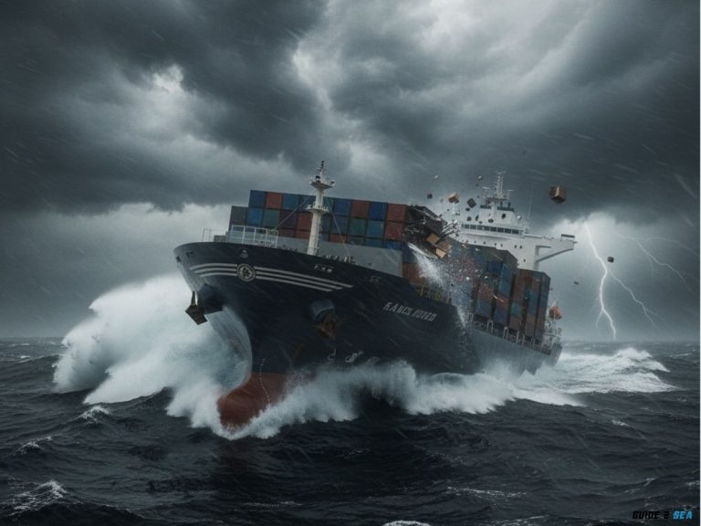 image of a cargo ship facing a hurricane at sea, large waves, dark storm clouds, strong winds, rain